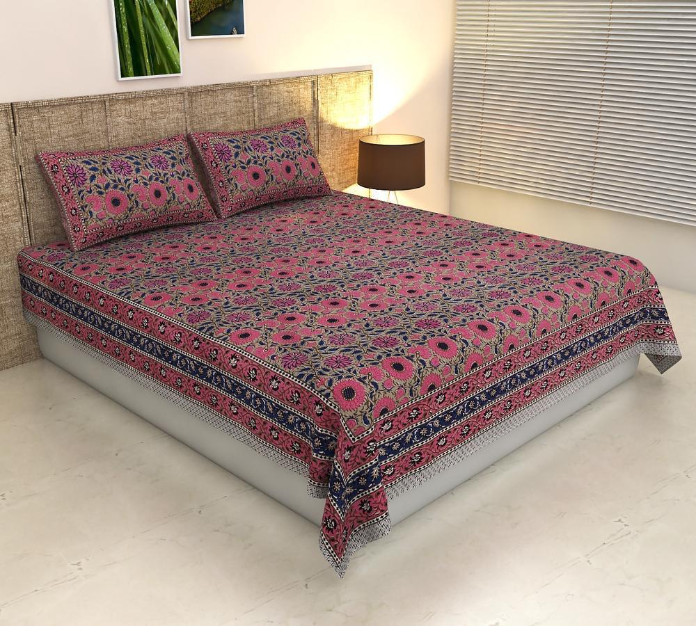 ArtbyKAMASK 100% Organic Cotton Hand Block Printed Double Bed Sheet - 210 TC Double Bed Sheet in King Size - Size - 108 X 108 Inches 274 x 274 cms) - 1 Bedsheet and 2 Pillow Covers - Siddhi Blue + 3 Variants