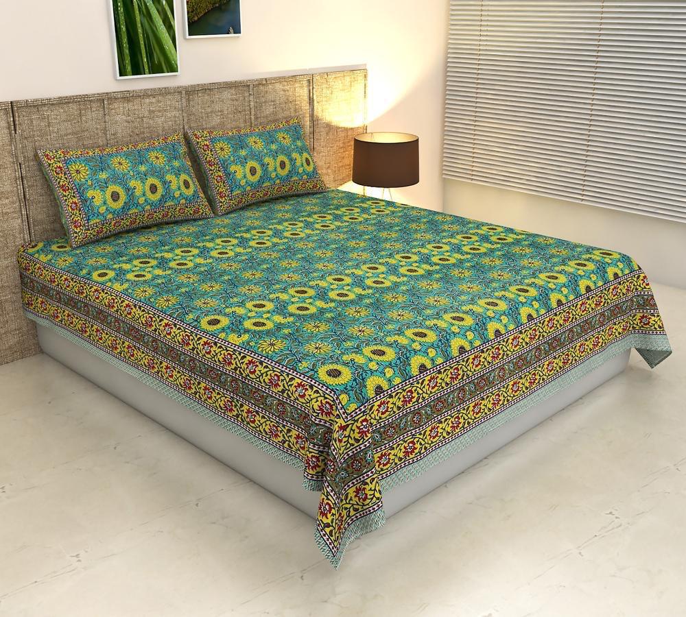 ArtbyKAMASK 100% Organic Cotton Hand Block Printed Double Bed Sheet - 210 TC Double Bed Sheet in King Size - Size - 108 X 108 Inches 274 x 274 cms) - 1 Bedsheet and 2 Pillow Covers - Siddhi Blue + 3 Variants