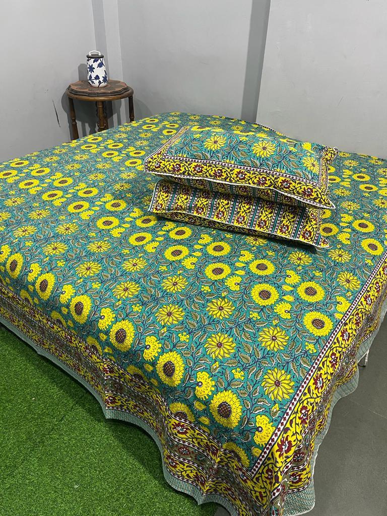 ArtbyKAMASK 100% Organic Cotton Hand Block Printed Double Bed Sheet - 210 TC Double Bed Sheet in King Size - Size - 108 X 108 Inches 274 x 274 cms) - 1 Bedsheet and 2 Pillow Covers - Siddhi Blue + 3 Variants