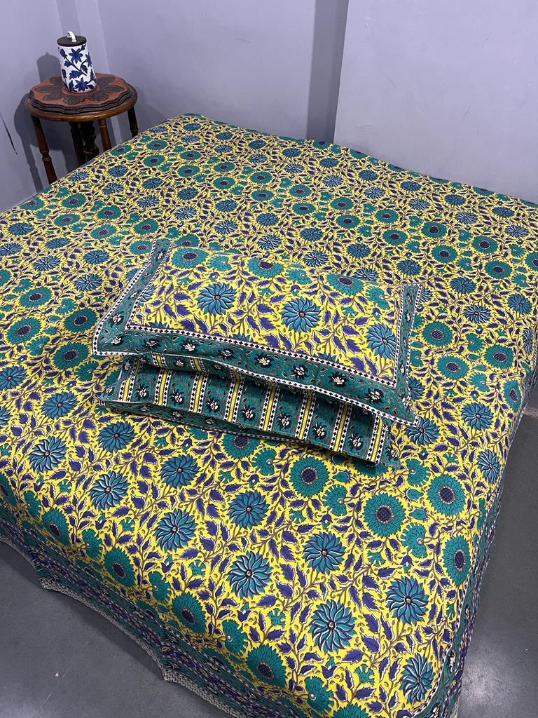 ArtbyKAMASK 100% Organic Cotton Hand Block Printed Double Bed Sheet - 210 TC Double Bed Sheet in King Size - Size - 108 X 108 Inches 274 x 274 cms) - 1 Bedsheet and 2 Pillow Covers - Siddhi Blue + 3 Variants