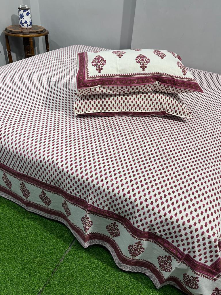 ArtbyKAMASK 100% Organic Cotton Hand Block Printed Double Bed Sheet - 210 TC Double Bed Sheet in King Size - Size - 108 X 108 Inches 274 x 274 cms) - 1 Bedsheet and 2 Pillow Covers - Stuti Grey + 2 Variations