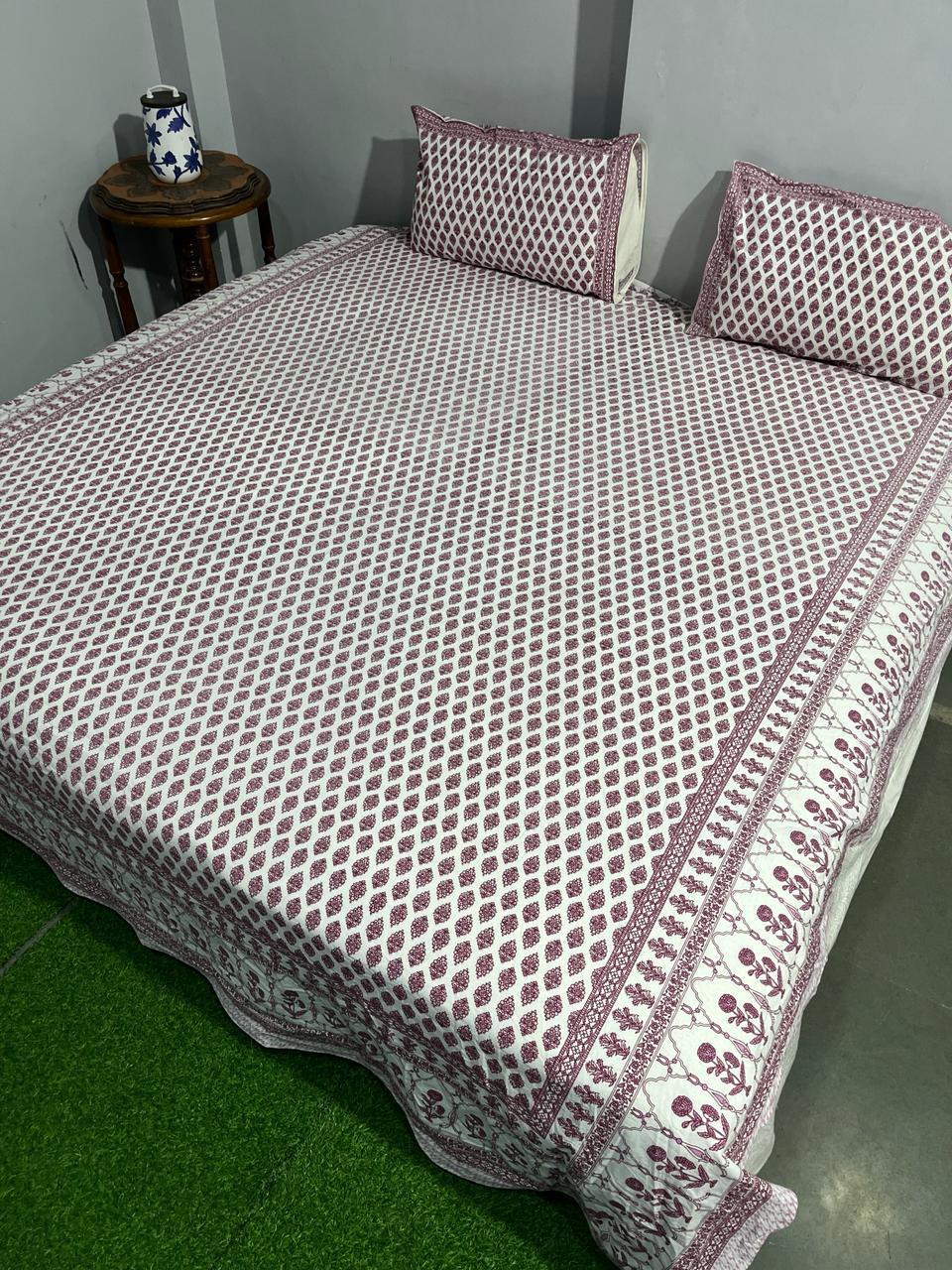 ArtbyKAMASK 100% Organic Cotton Hand Block Printed Double Bed Sheet - 210 TC Double Bed Sheet in King Size - Size - 108 X 108 Inches 274 x 274 cms) - 1 Bedsheet and 2 Pillow Covers - Surbhi Black + 2 Variants