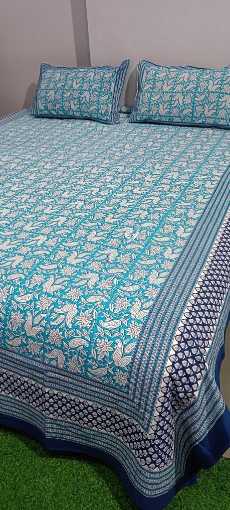 ArtbyKAMASK 100% Organic Cotton Hand Block Printed Double Bed Sheet - 210 TC Double Bed Sheet in Queen Size - Size - 90 X 108 Inches (228 x 274 cms) - 1 Bedsheet and 2 Pillow Covers - Tanvi Yellow and 2 Variants