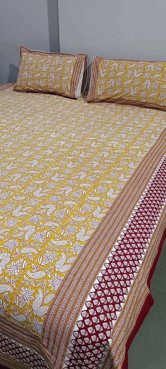 ArtbyKAMASK 100% Organic Cotton Hand Block Printed Double Bed Sheet - 210 TC Double Bed Sheet in Queen Size - Size - 90 X 108 Inches (228 x 274 cms) - 1 Bedsheet and 2 Pillow Covers - Tanvi Yellow and 2 Variants