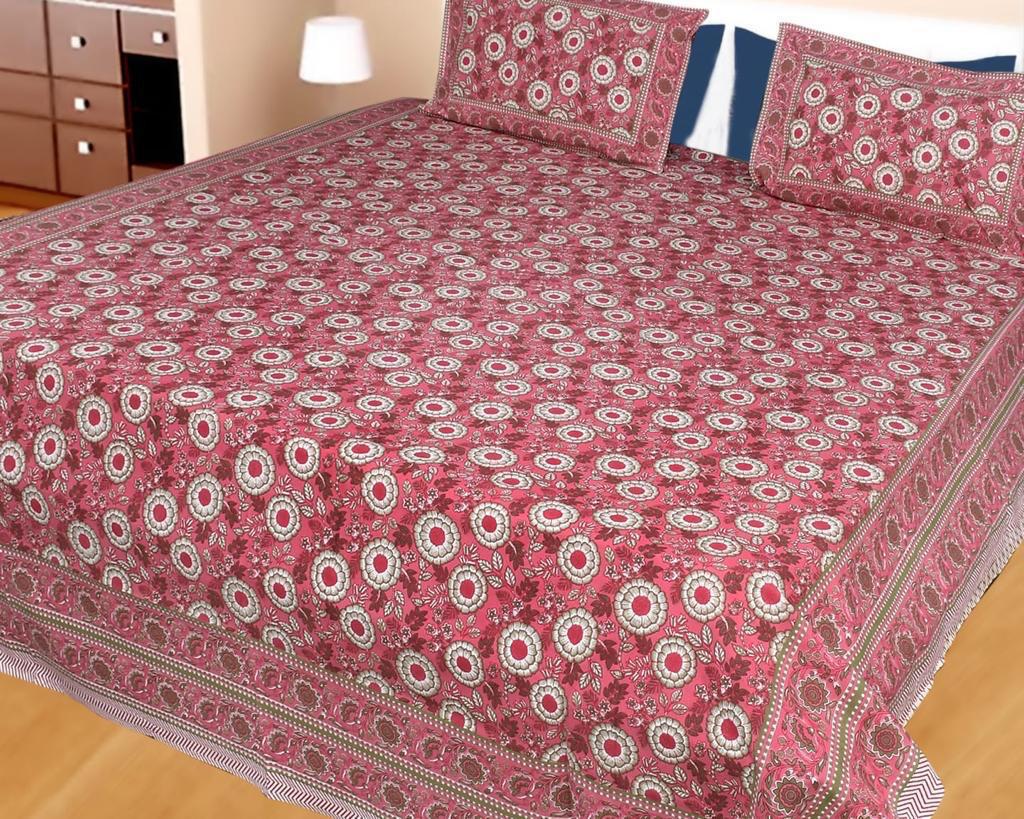ArtbyKAMASK 100% Organic Cotton Hand Block Printed Double Bed Sheet - 210 TC Double Bed Sheet in Queen Size - Size - 90 X 108 Inches (228 x 274 cms) - 1 Bedsheet and 2 Pillow Covers - Unnati Blue & Pink