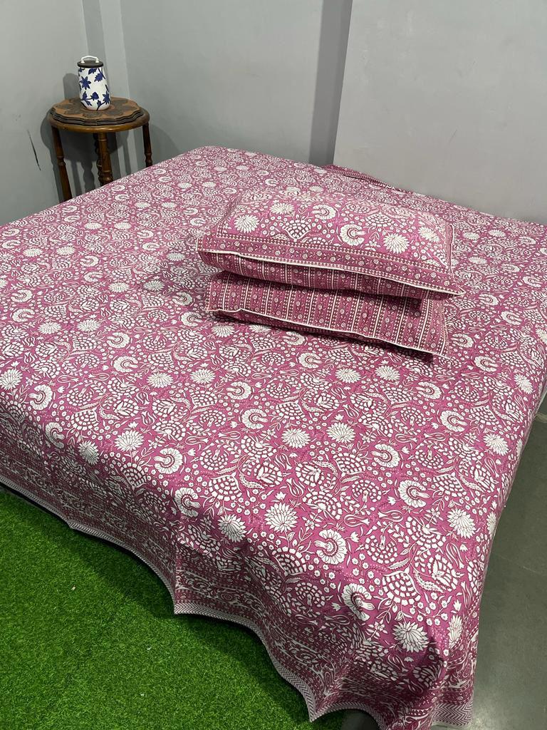 ArtbyKAMASK 100% Organic Cotton Hand Block Printed Double Bed Sheet I 210 TC Double Bed Sheet in King Size I Size - 108 X 108 Inches 274 x 274 cms) I 1 Bedsheet and 2 Pillow Covers I Vaidehi Pink & Maroon + 2 Color Variants