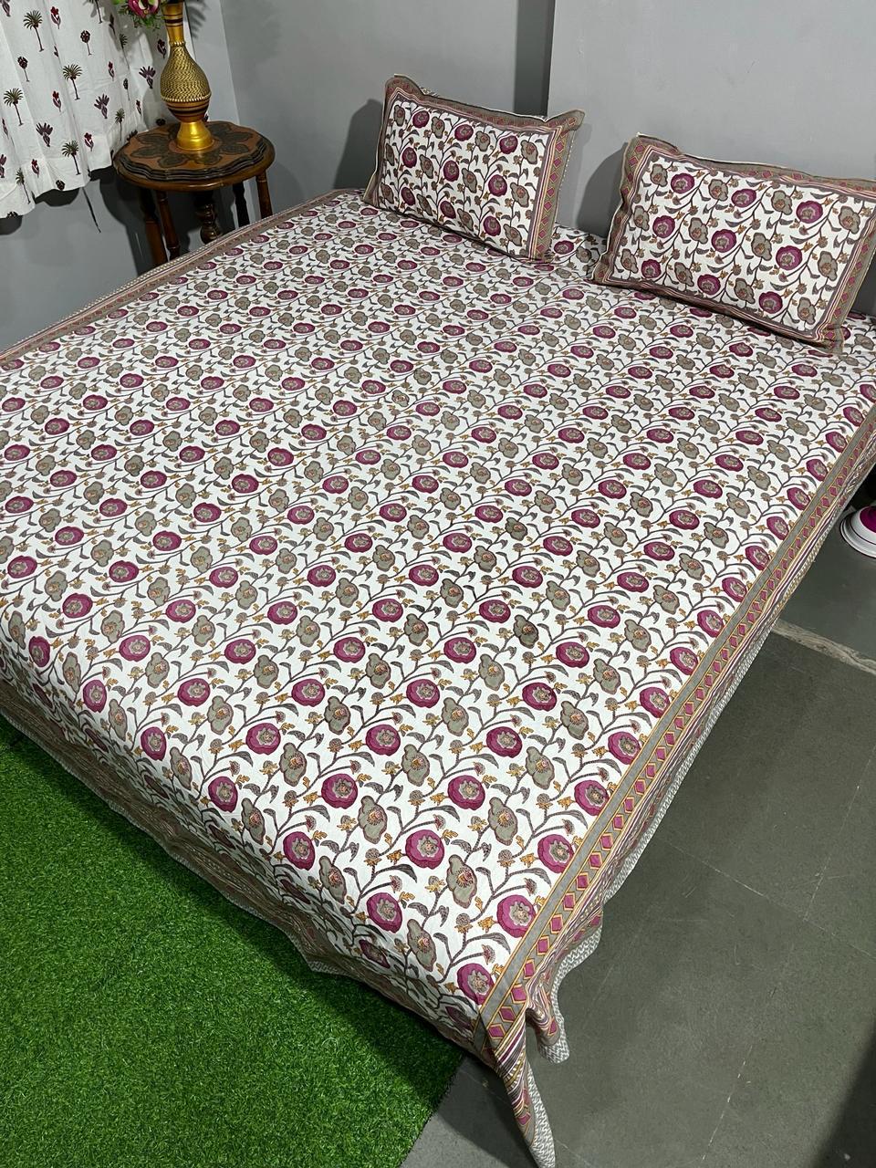 ArtbyKAMASK 100% Organic Cotton Hand Block Printed Double Bed Sheet - 210 TC Double Bed Sheet in Queen Size - Size - 90 X 108 Inches (228 x 274 cms) - 1 Bedsheet and 2 Pillow Covers - Vaani Blue + 2 Variants