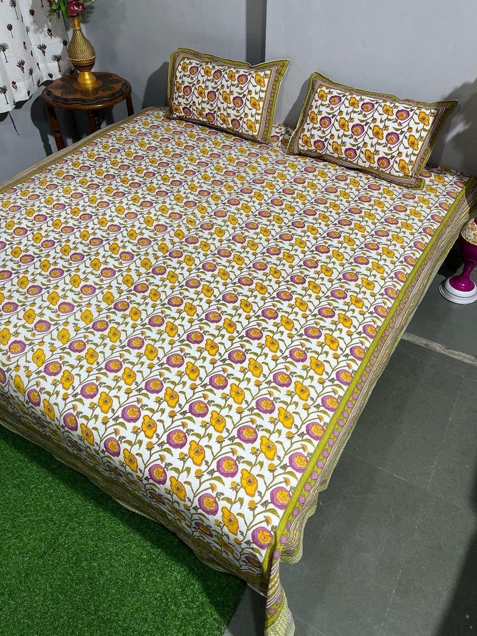 ArtbyKAMASK 100% Organic Cotton Hand Block Printed Double Bed Sheet - 210 TC Double Bed Sheet in Queen Size - Size - 90 X 108 Inches (228 x 274 cms) - 1 Bedsheet and 2 Pillow Covers - Vaani Blue + 2 Variants