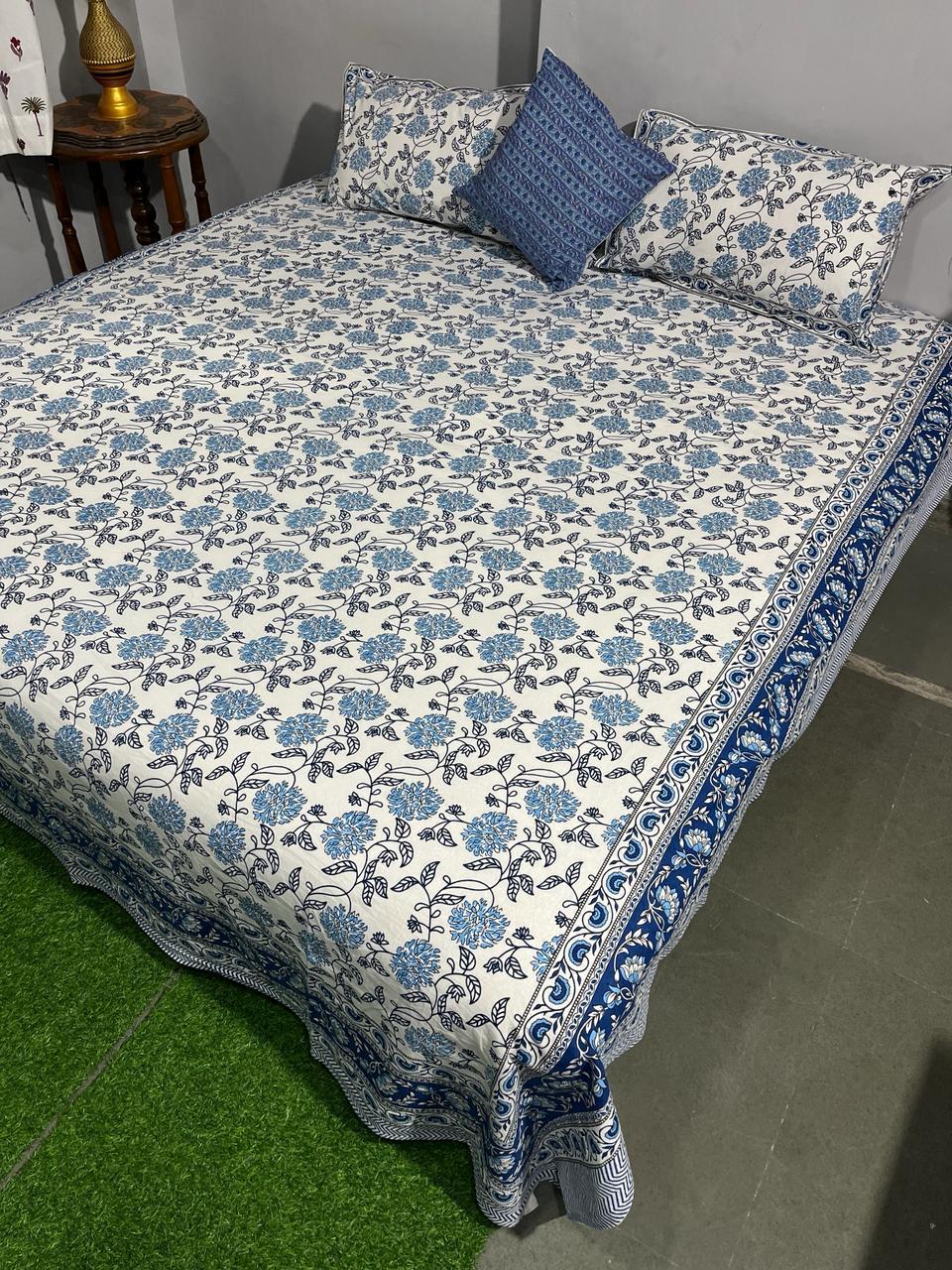 ArtbyKAMASK 100% Organic Cotton Hand Block Printed Double Bed Sheet - 210 TC Double Bed Sheet in Queen Size - Size - 90 X 108 Inches (228 x 274 cms) - 1 Bedsheet and 2 Pillow Covers - Gunjan Teal + 2 Variants