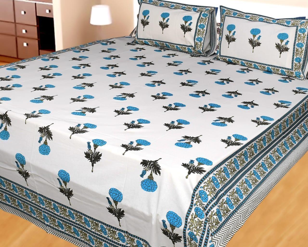 ArtbyKAMASK 100% Organic Cotton Hand Block Printed Double Bed Sheet - 210 TC Double Bed Sheet in Queen Size - Size - 90 X 108 Inches (228 x 274 cms) - 1 Bedsheet and 2 Pillow Covers - Beela Blue & Orange