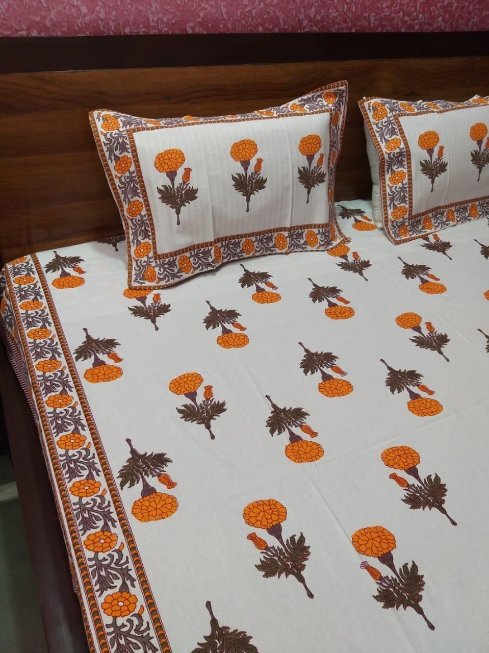 ArtbyKAMASK 100% Organic Cotton Hand Block Printed Double Bed Sheet - 210 TC Double Bed Sheet in Queen Size - Size - 90 X 108 Inches (228 x 274 cms) - 1 Bedsheet and 2 Pillow Covers - Beela Blue & Orange