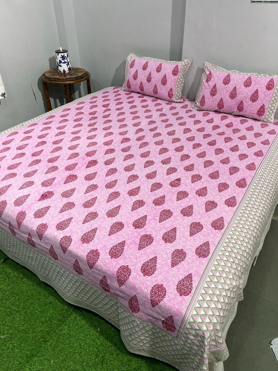 ArtbyKAMASK 100% Organic Cotton Hand Block Printed Double Bed Sheet 210 TC King Size 108X108 Inches 274x274 cms)-1 Bedsheet and 2 Pillow Covers - Akriti Blue & Pink