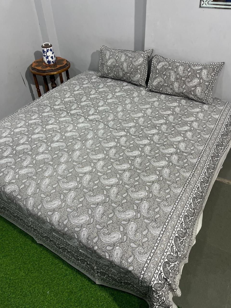 ArtbyKAMASK 100% Organic Cotton Hand Block Printed Double Bed Sheet - 210 TC Double Bed Sheet in King Size - Size - 108 X 108 Inches 274 x 274 cms) - 1 Bedsheet and 2 Pillow Covers - Nandani Blue + 2 Variants