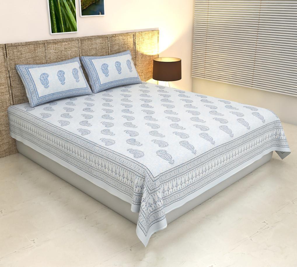 ArtbyKAMASK 100% Organic Cotton Hand Block Printed Double Bed Sheet - 210 TC Double Bed Sheet in Queen Size - Size - 90 X 108 Inches (228 x 274 cms) - 1 Bedsheet and 2 Pillow Covers - Bhavika Black + 2 Variants