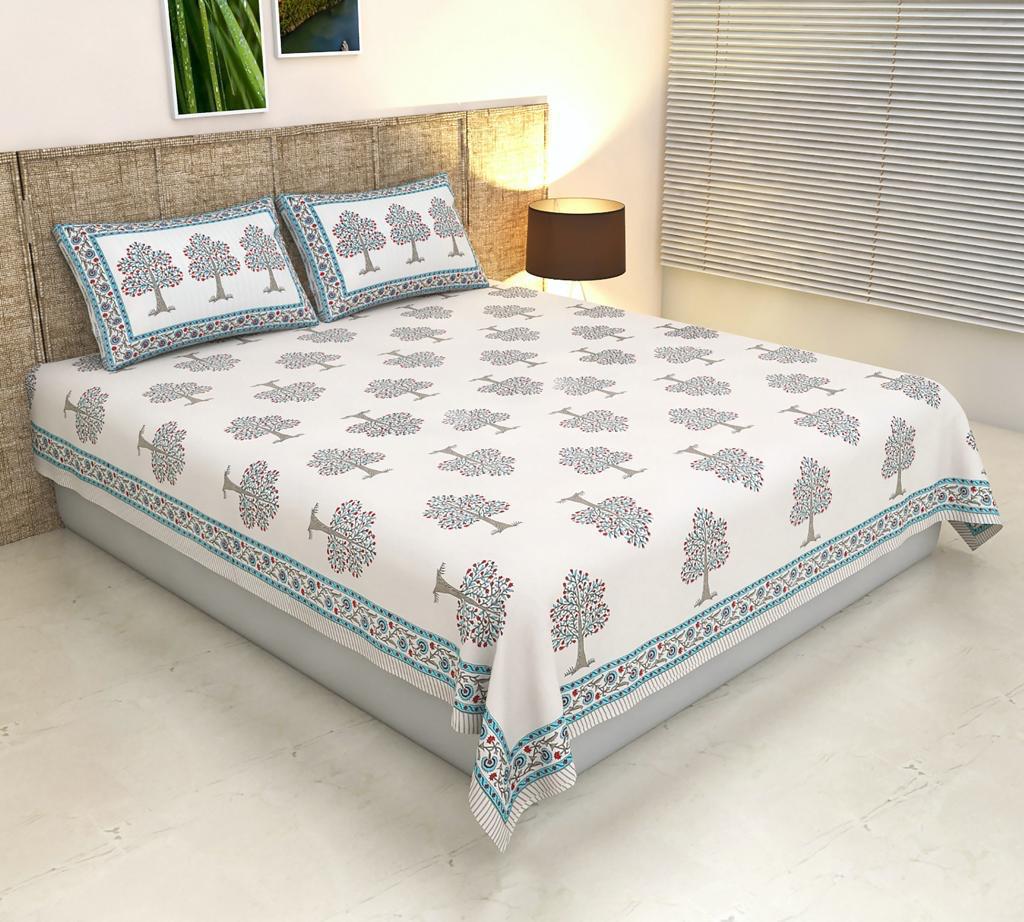 ArtbyKAMASK 100% Organic Cotton Hand Block Printed Double Bed Sheet - 210 TC Double Bed Sheet in Queen Size - Size - 90 X 108 Inches (228 x 274 cms) - 1 Bedsheet and 2 Pillow Covers - Devanshi Green + 2 Variants