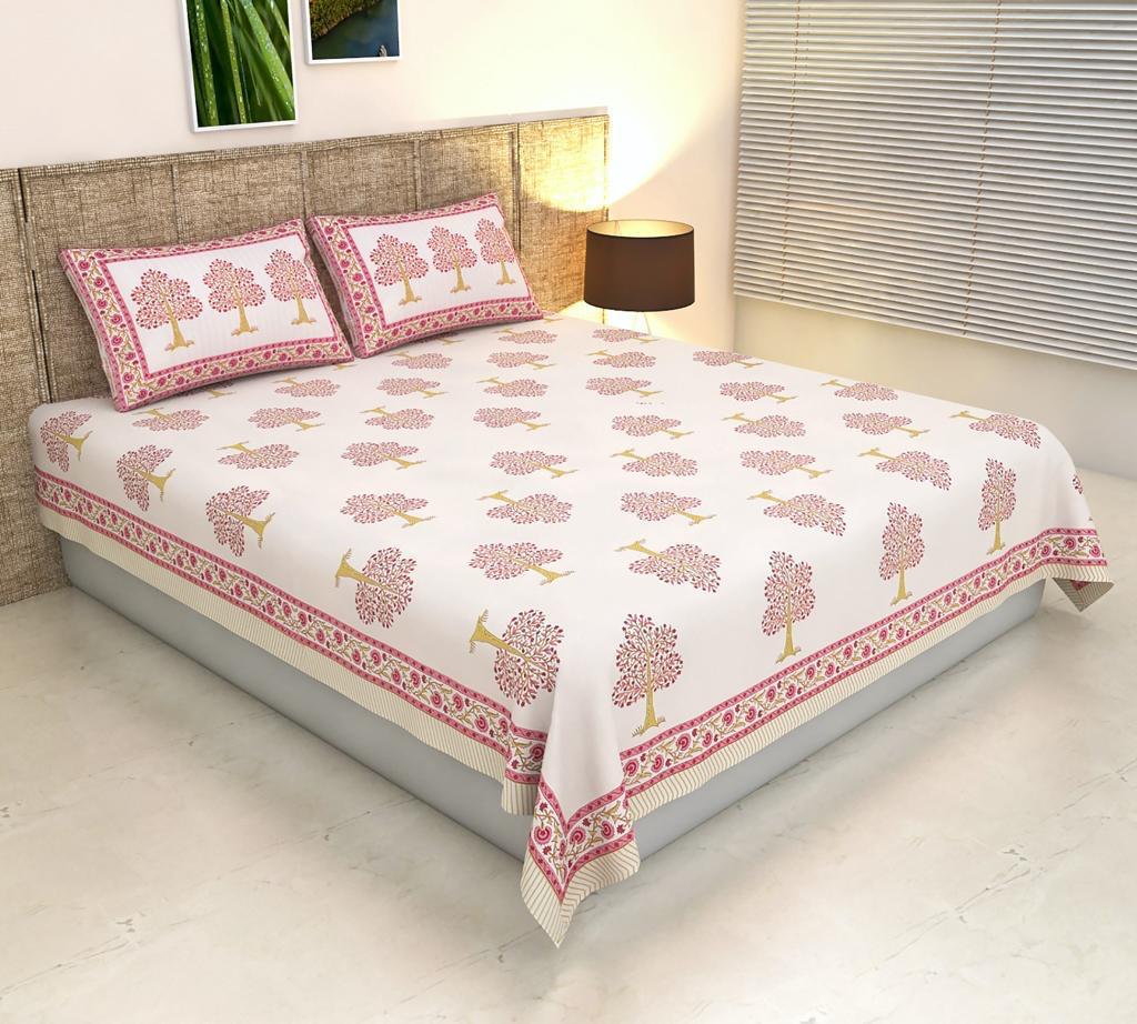 ArtbyKAMASK 100% Organic Cotton Hand Block Printed Double Bed Sheet - 210 TC Double Bed Sheet in Queen Size - Size - 90 X 108 Inches (228 x 274 cms) - 1 Bedsheet and 2 Pillow Covers - Devanshi Green + 2 Variants