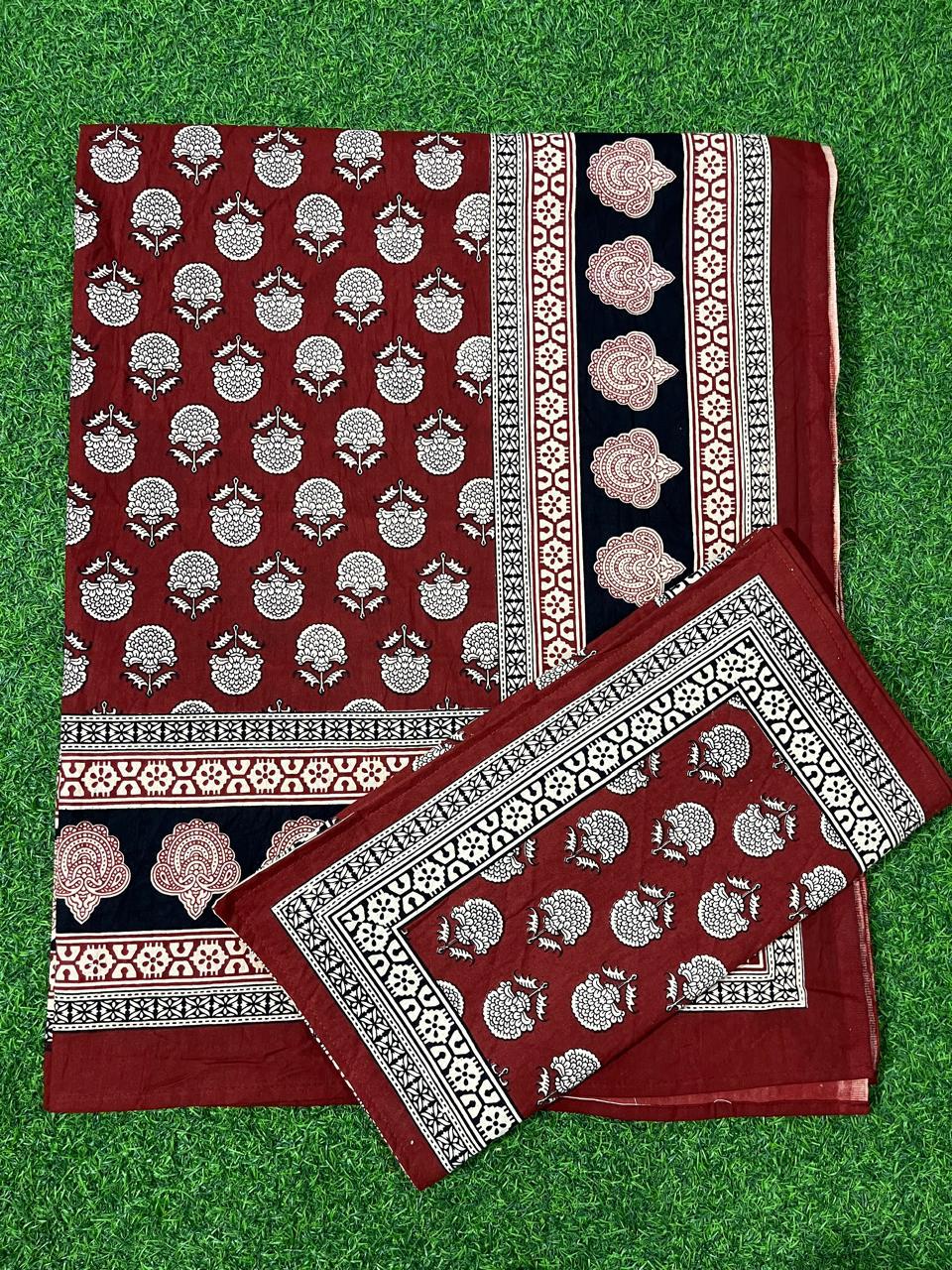 ArtbyKAMASK 100% Organic Cotton Hand Block Printed Double Bed Sheet - 210 TC Double Bed Sheet in Queen Size - Size - 90 X 108 Inches (228 x 274 cms) - 1 Bedsheet and 2 Pillow Covers - Namrata Black & Red