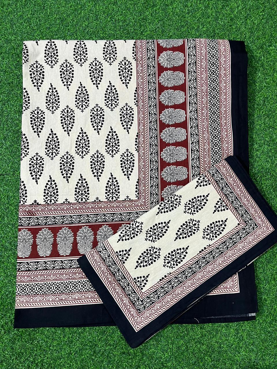 ArtbyKAMASK 100% Organic Cotton Hand Block Printed Double Bed Sheet - 210 TC Double Bed Sheet in Queen Size - Size - 90 X 108 Inches (228 x 274 cms) - 1 Bedsheet and 2 Pillow Covers - Harita Black & Red