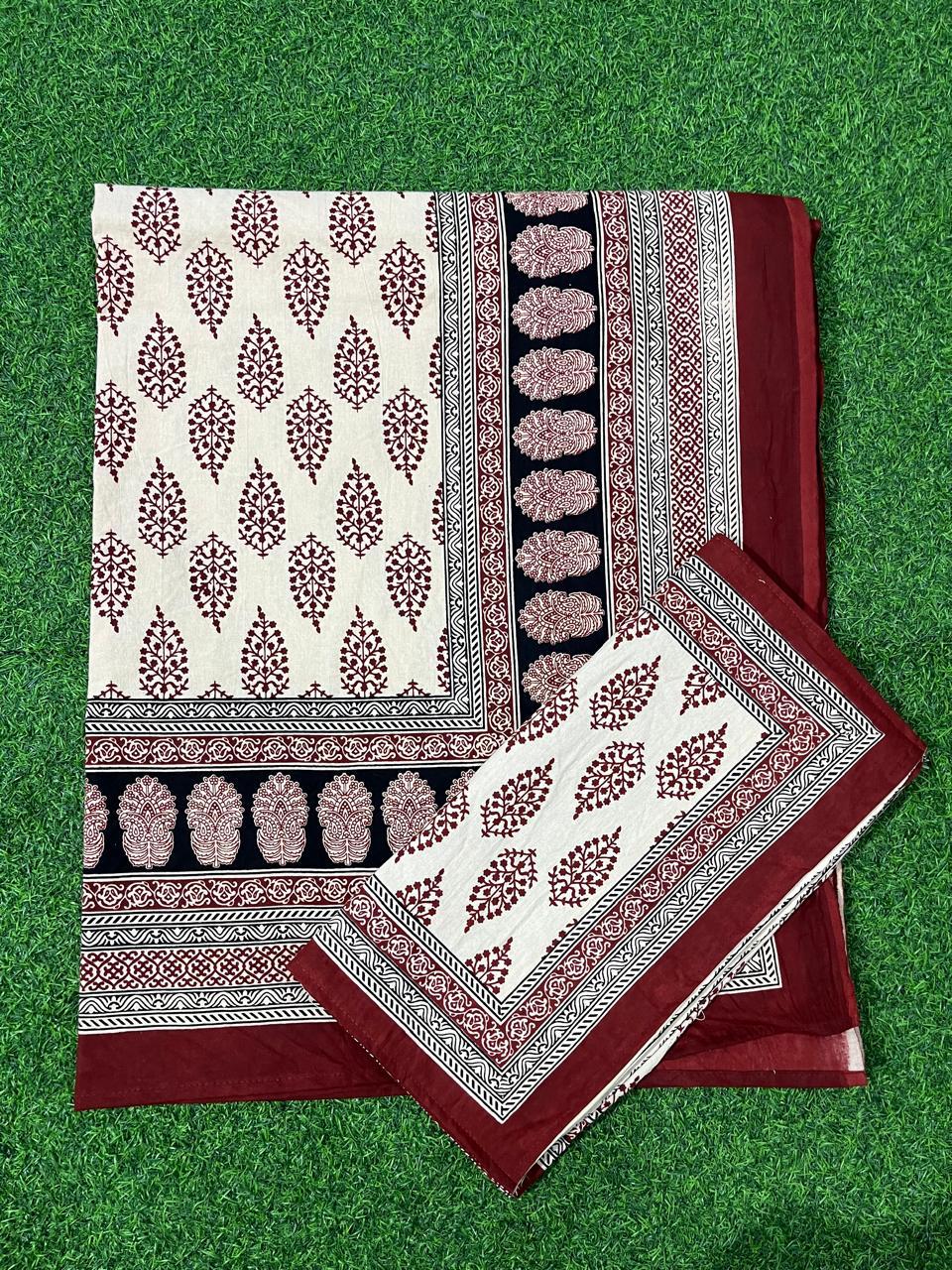ArtbyKAMASK 100% Organic Cotton Hand Block Printed Double Bed Sheet - 210 TC Double Bed Sheet in Queen Size - Size - 90 X 108 Inches (228 x 274 cms) - 1 Bedsheet and 2 Pillow Covers - Harita Black & Red