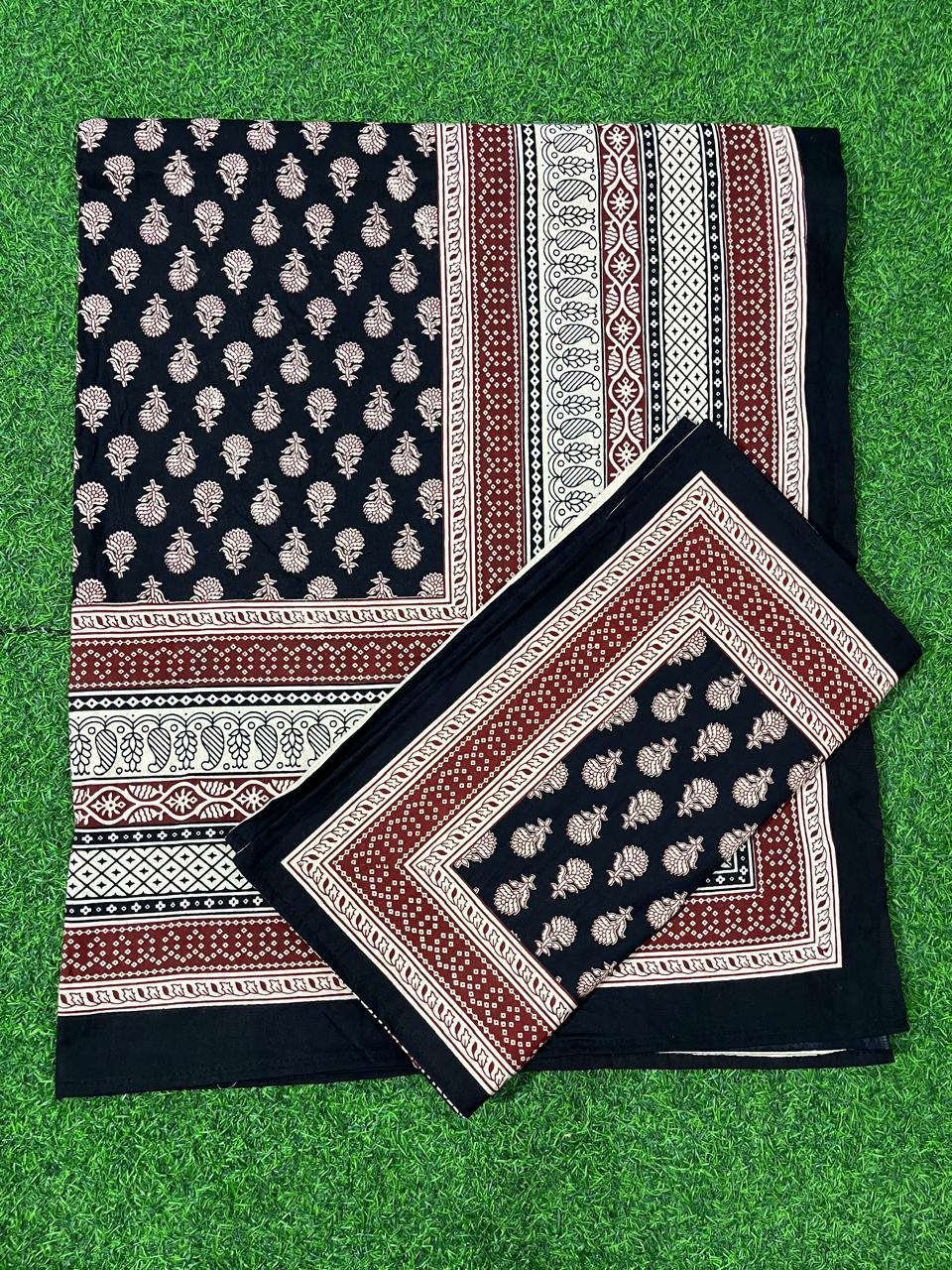 ArtbyKAMASK 100% Organic Cotton Hand Block Printed Double Bed Sheet - 210 TC Double Bed Sheet in Queen Size - Size - 90 X 108 Inches (228 x 274 cms) - 1 Bedsheet and 2 Pillow Covers - Indrani White + 2 Variants