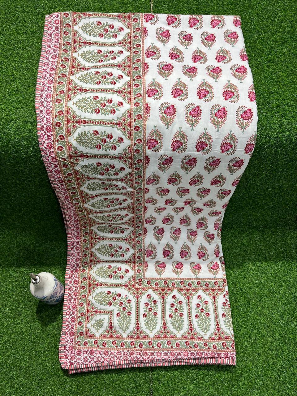 ArtbyKAMASK 100% Organic Cotton Hand Block Printed Dohar - 3 Layered Dohar in Queen Size - Size - 90 X 108 Inches (228 x 274 cms) - 1 Dohar - Pallavi Pink & Blue