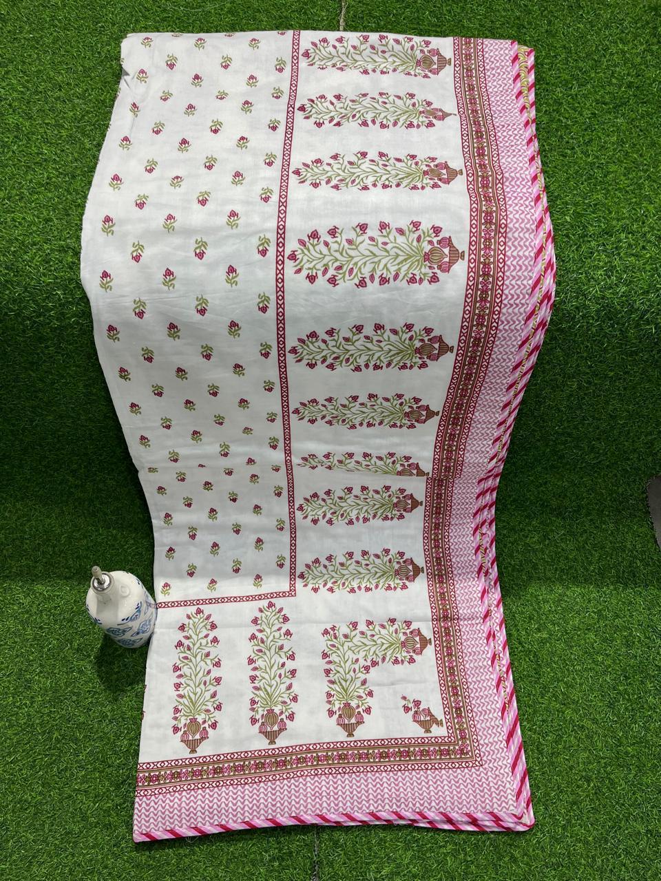 ArtbyKAMASK 100% Organic Cotton Hand Block Printed Dohar - 3 Layered Dohar in Queen Size - Size - 90 X 108 Inches (228 x 274 cms) - 1 Dohar - Kayva Blue and Pink