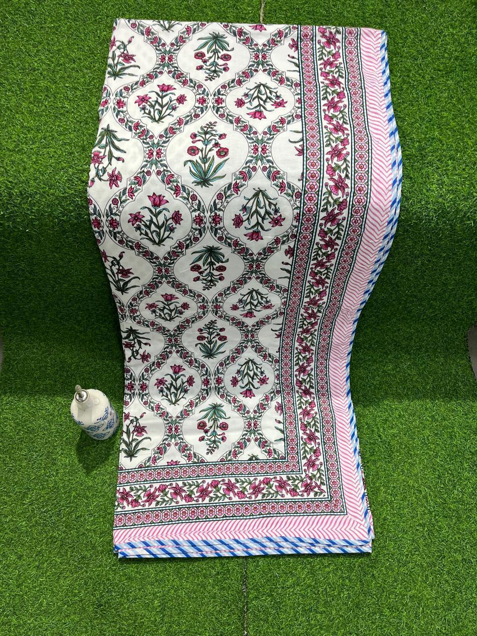 ArtbyKAMASK 100% Organic Cotton Hand Block Printed Dohar -3 Layered Dohar in Queen Size - 90X108 Inches (228x274 cms) - 1 Dohar - Avantika Pink & Blue
