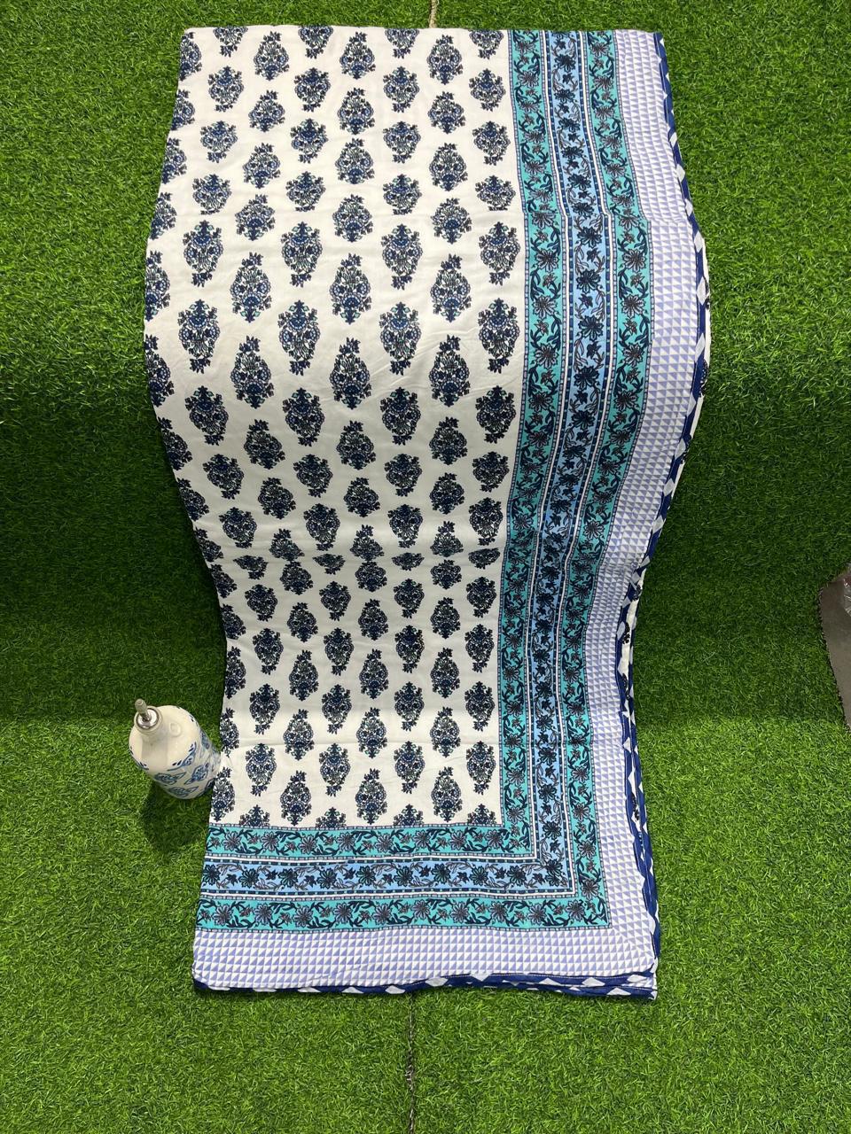 ArtbyKAMASK 100% Organic Cotton Hand Block Printed Dohar - 3 Layered Dohar in Queen Size - Size - 90 X 108 Inches (228 x 274 cms) - 1 Dohar - Namisha Green & Blue