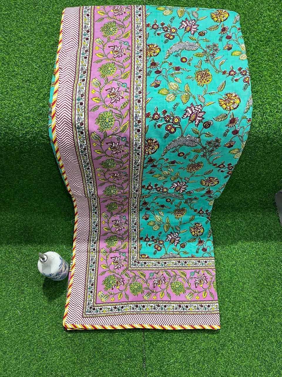 ArtbyKAMASK 100% Organic Cotton Hand Block Printed Dohar - 3 Layered Dohar in Queen Size - Size - 90 X 108 Inches (228 x 274 cms) - 1 Dohar - Gunjan Teal & Grey