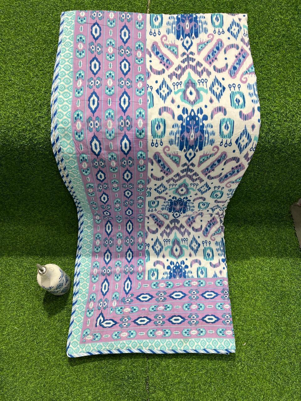 ArtbyKAMASK 100% Organic Cotton Hand Block Printed Dohar - 3 Layered Dohar in Queen Size - Size - 90 X 108 Inches (228 x 274 cms) - 1 Dohar - Ikat Blue & Orange