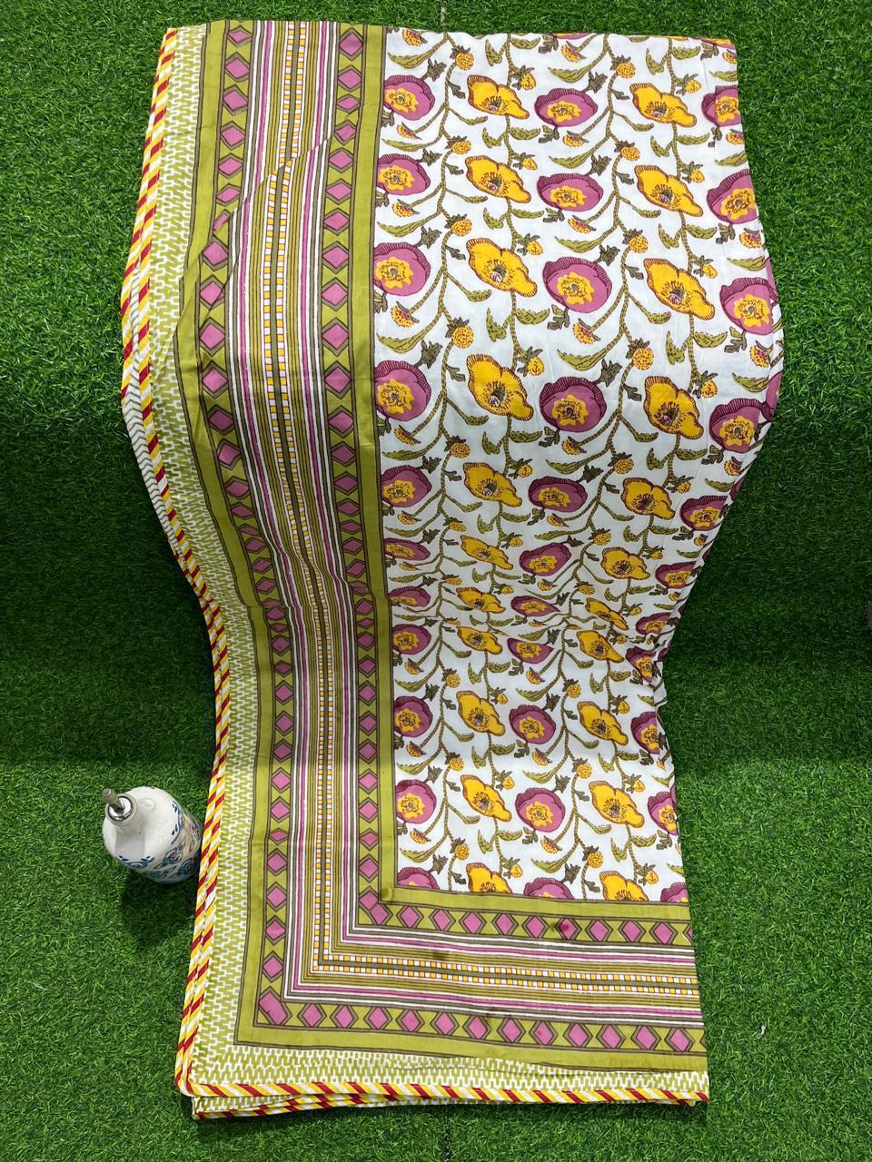 ArtbyKAMASK 100% Organic Cotton Hand Block Printed Dohar- 3 Layered Dohar in Queen Size 90X108 Inches (228x274 cms) - Dohar - Vani Dohar Yellow & Blue
