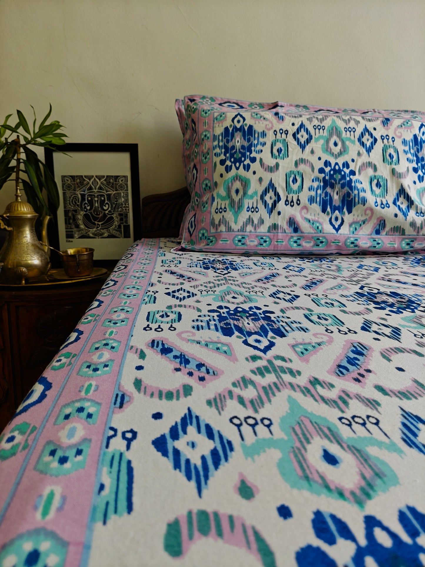 ArtbyKAMASK 100% Organic Cotton Hand Block Printed Double Bed Sheet I 210 TC Double Bed Sheet in Queen Size I Size - 90 X 108 Inches (228 x 274 cms) I 1 Bedsheet and 2 Pillow Covers I Ikat Blue & White + 2 colors