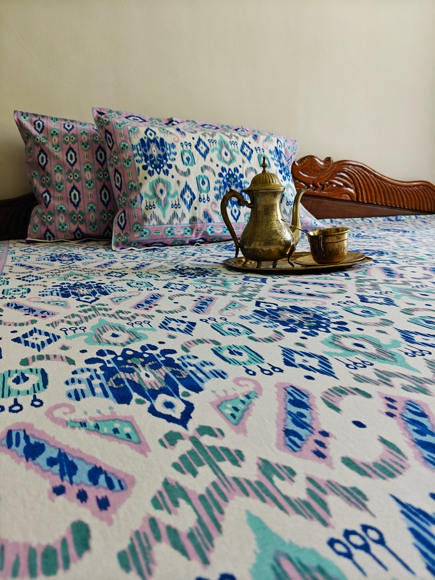ArtbyKAMASK 100% Organic Cotton Hand Block Printed Double Bed Sheet I 210 TC Double Bed Sheet in Queen Size I Size - 90 X 108 Inches (228 x 274 cms) I 1 Bedsheet and 2 Pillow Covers I Ikat Blue & White + 2 colors