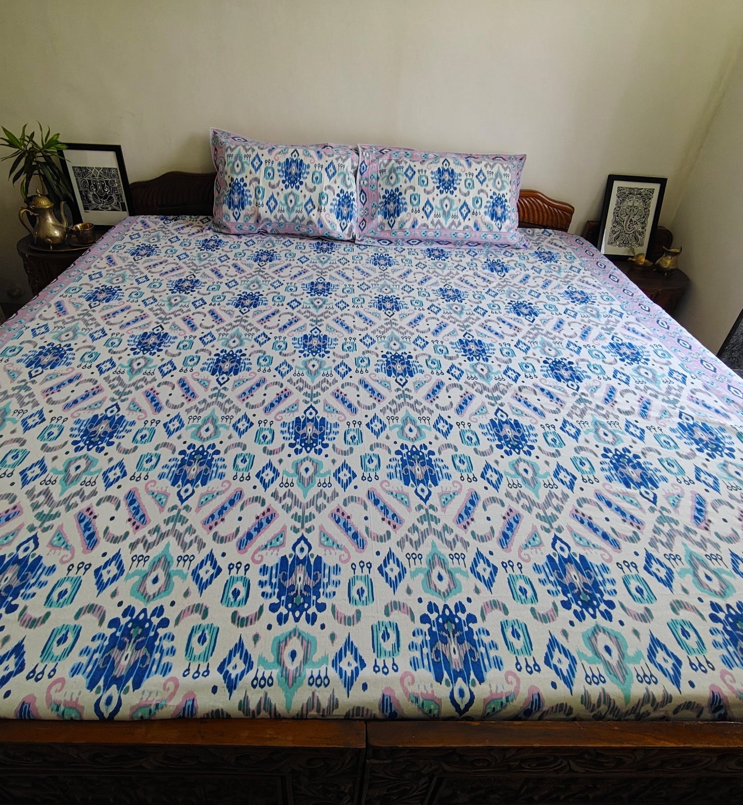 ArtbyKAMASK 100% Organic Cotton Hand Block Printed Double Bed Sheet I 210 TC Double Bed Sheet in Queen Size I Size - 90 X 108 Inches (228 x 274 cms) I 1 Bedsheet and 2 Pillow Covers I Ikat Blue & White + 2 colors