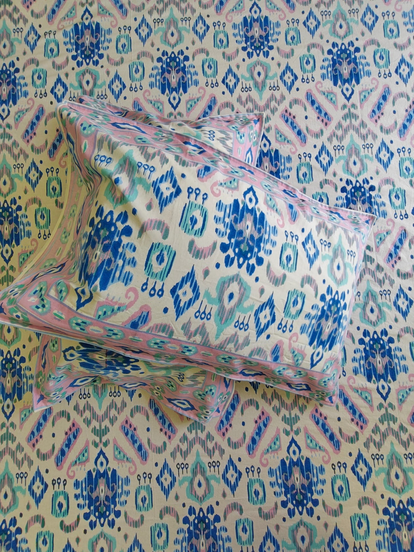 ArtbyKAMASK 100% Organic Cotton Hand Block Printed Double Bed Sheet I 210 TC Double Bed Sheet in Queen Size I Size - 90 X 108 Inches (228 x 274 cms) I 1 Bedsheet and 2 Pillow Covers I Ikat Blue & White + 2 colors