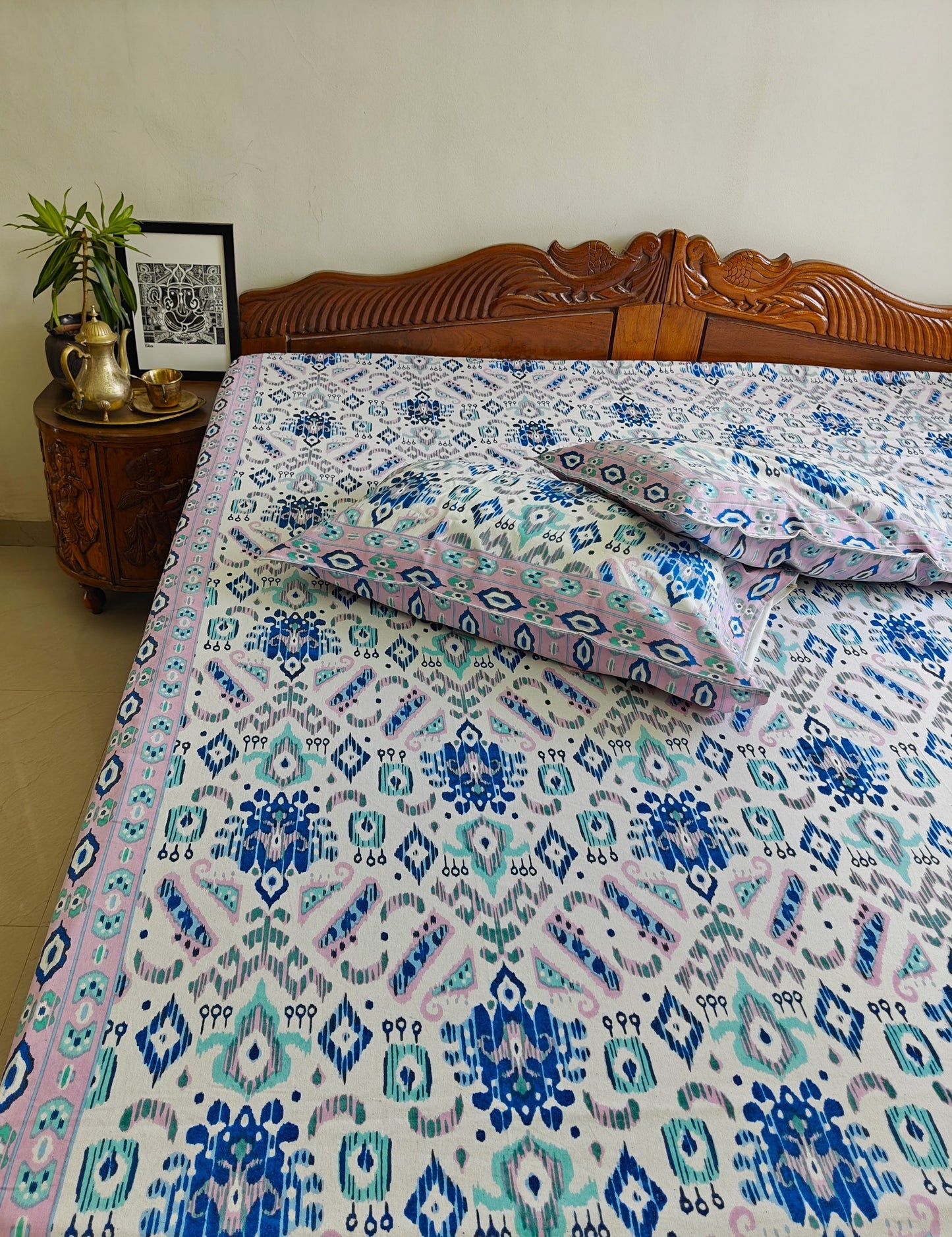 ArtbyKAMASK 100% Organic Cotton Hand Block Printed Double Bed Sheet I 210 TC Double Bed Sheet in Queen Size I Size - 90 X 108 Inches (228 x 274 cms) I 1 Bedsheet and 2 Pillow Covers I Ikat Blue & White + 2 colors