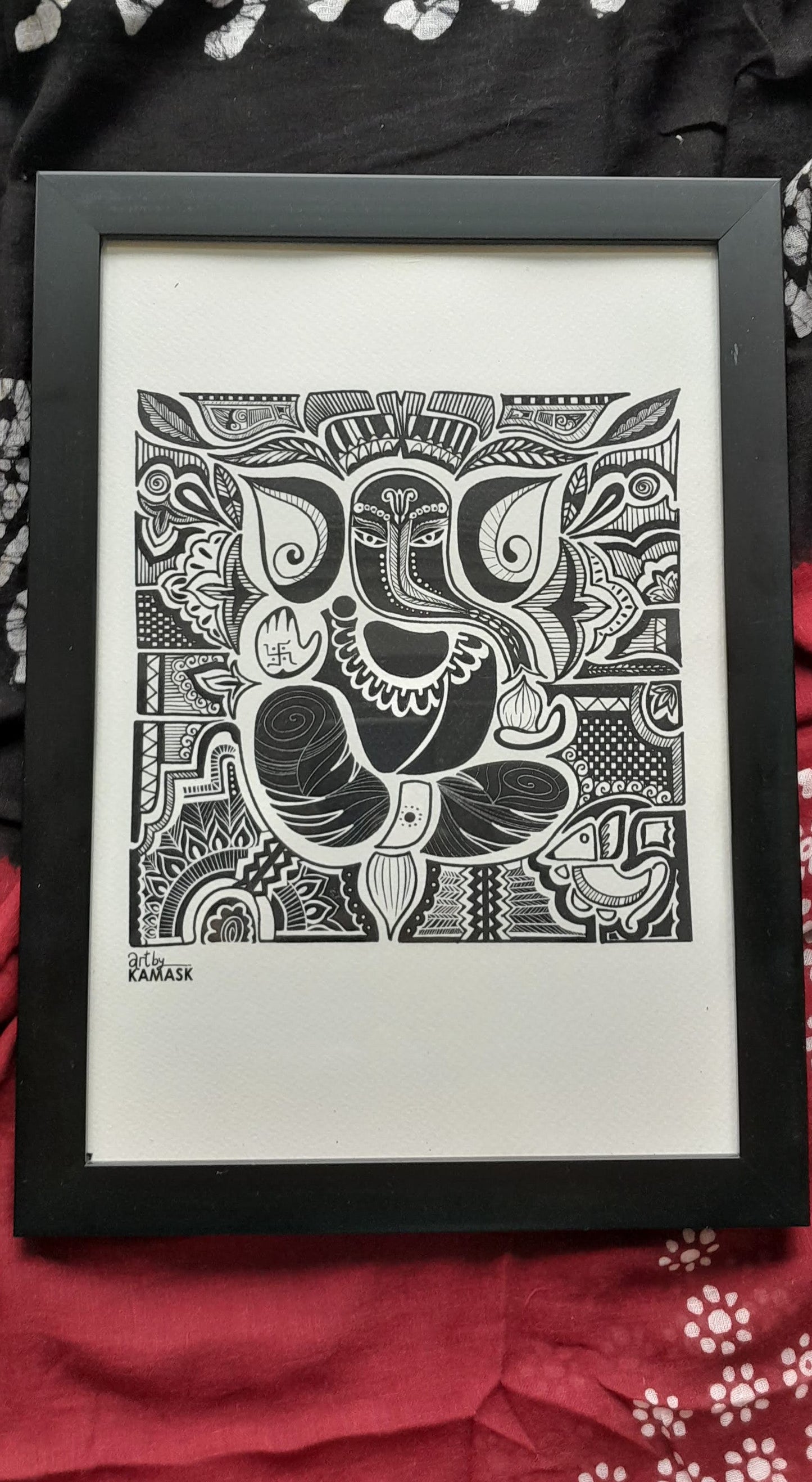 ArtbyKAMASK Originals Artwork Home Decor I A4 Size Frame with Acrylic Face I 9 x 12 Inches (29.7 x 21 cms) I Ganpati Abstract Artwork I Ganesh Abstract Grid - In Pen & Ink