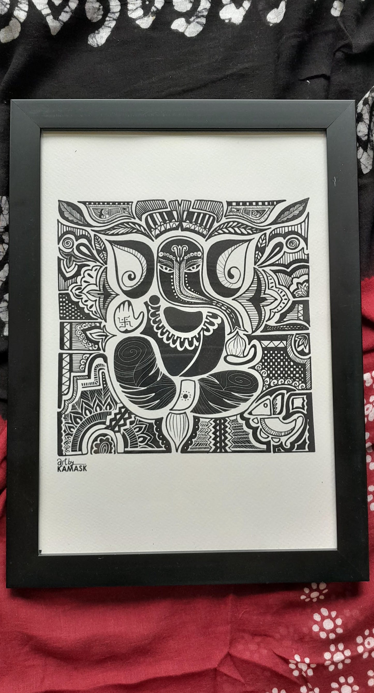 ArtbyKAMASK Originals Artwork Home Decor I A4 Size Frame with Acrylic Face I 9 x 12 Inches (29.7 x 21 cms) I Ganpati Abstract Artwork I Ganpati Abstract Grid - In Pen & Ink