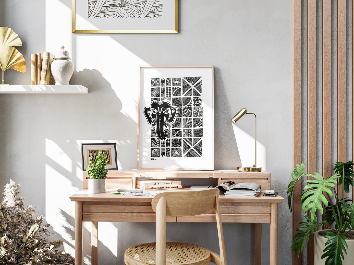 ArtbyKAMASK Originals Artwork Home Decor I A4 Size Frame with Acrylic Face I 9 x 12 Inches (29.7 x 21 cms) I Ganpati Abstract Artwork I Ganesh Abstract Grid - In Pen & Ink