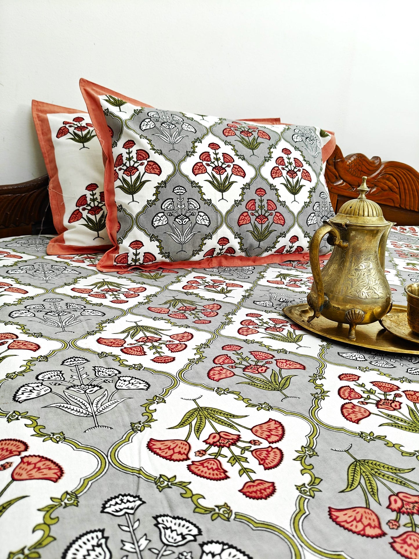 ArtbyKAMASK 100% Organic Cotton Hand Block Printed Double Bed Sheet I 210 TC Double Bed Sheet in King Size I Size - 108 X 108 Inches 274 x 274 cms) I 1 Bedsheet and 2 Pillow Covers I Gayatri in Grey + 2 Variants