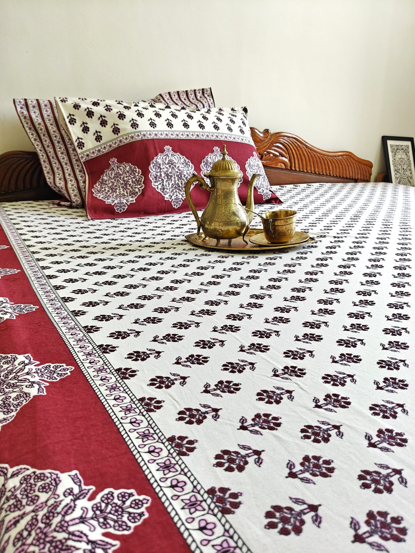 ArtbyKAMASK 100% Organic Cotton Hand Block Printed Double Bed Sheet I 210 TC Double Bed Sheet in King Size I Size - 108 X 108 Inches 274 x 274 cms) I 1 Bedsheet and 2 Pillow Covers I Jamini Pink & Maroon + 2 Color Variants