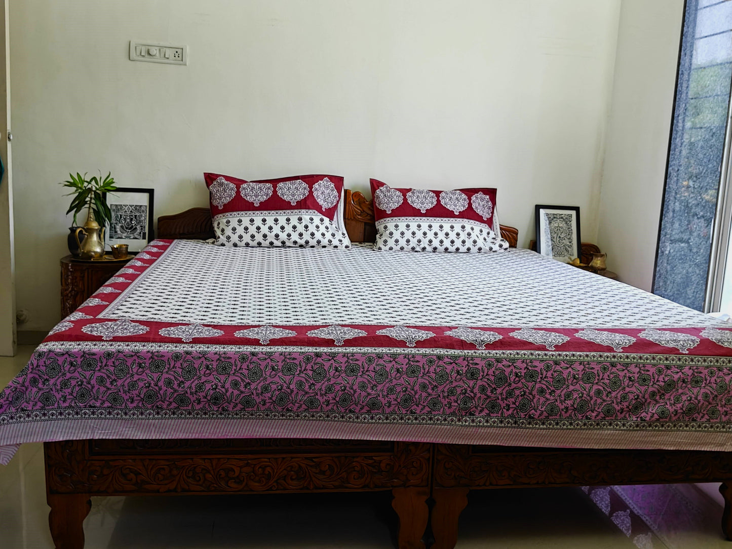 ArtbyKAMASK 100% Organic Cotton Hand Block Printed Double Bed Sheet I 210 TC Double Bed Sheet in King Size I Size - 108 X 108 Inches 274 x 274 cms) I 1 Bedsheet and 2 Pillow Covers I Jamini Pink & Maroon + 2 Color Variants