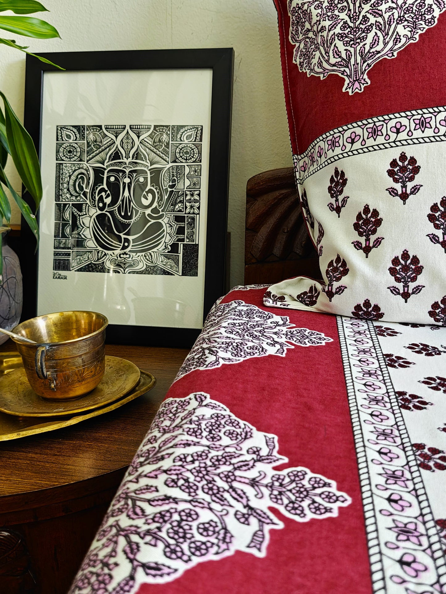ArtbyKAMASK 100% Organic Cotton Hand Block Printed Double Bed Sheet I 210 TC Double Bed Sheet in King Size I Size - 108 X 108 Inches 274 x 274 cms) I 1 Bedsheet and 2 Pillow Covers I Jamini Pink & Maroon + 2 Color Variants