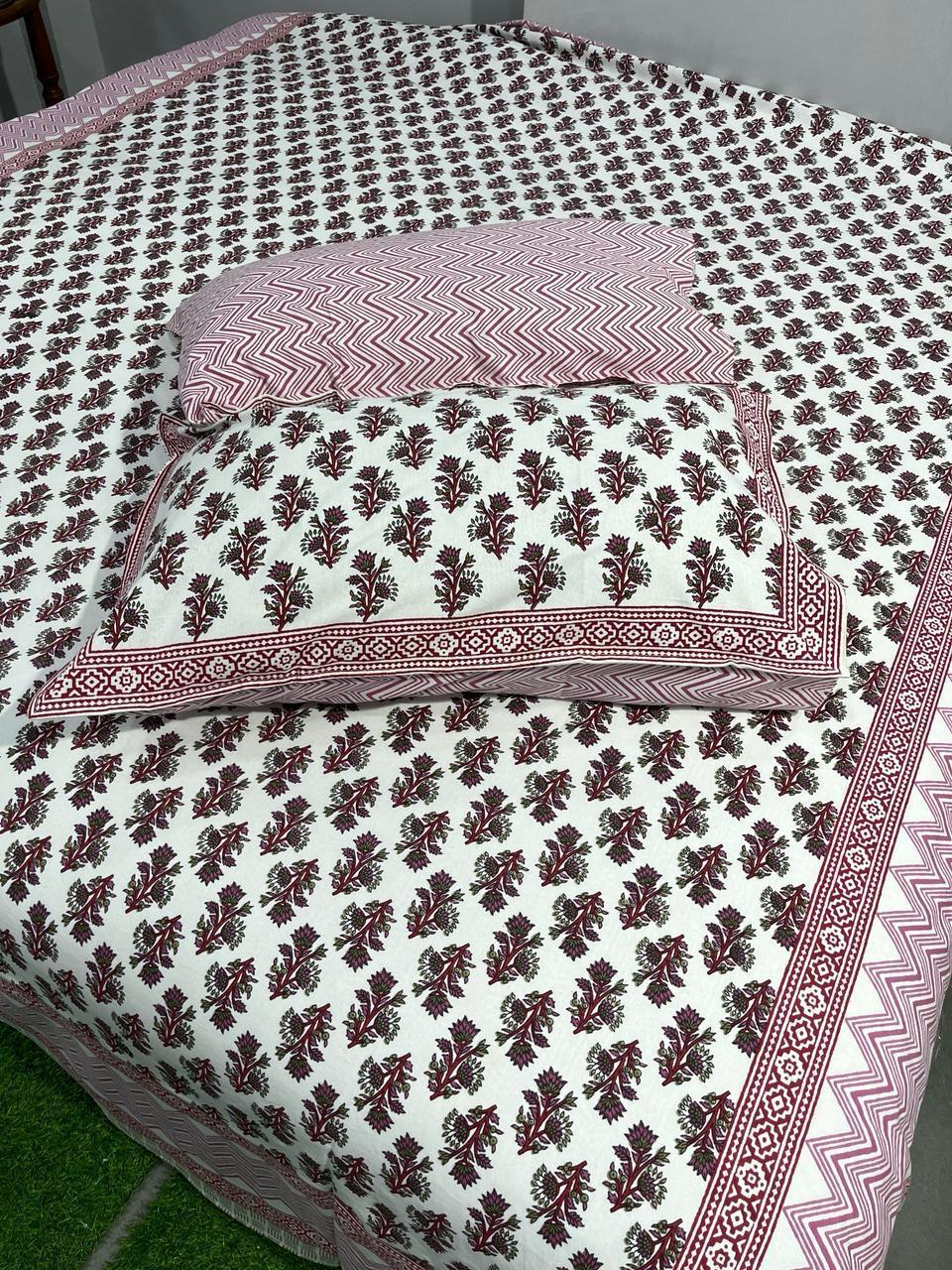 ArtbyKAMASK 100% Organic Cotton Hand Block Printed Double Bed Sheet - 210 TC Double Bed Sheet in King Size - Size - 108 X 108 Inches 274 x 274 cms) - 1 Bedsheet and 2 Pillow Covers - Nitya Pink & Yellow