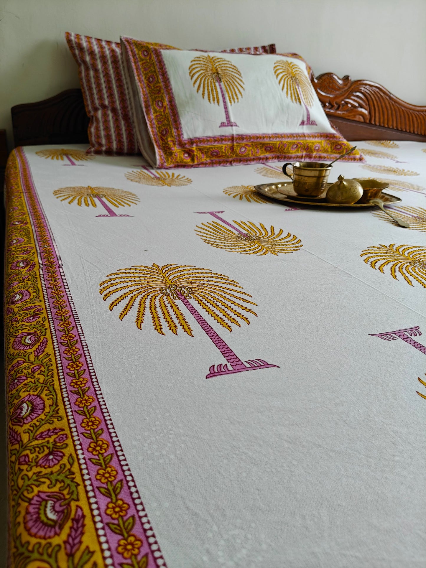 ArtbyKAMASK 100% Organic Cotton Hand Block Printed Double Bed Sheet - 210 TC Double Bed Sheet in Queen Size - Size - 90 X 108 Inches (228 x 274 cms) - 1 Bedsheet and 2 Pillow Covers - Kamala Yellow + 2 Variants