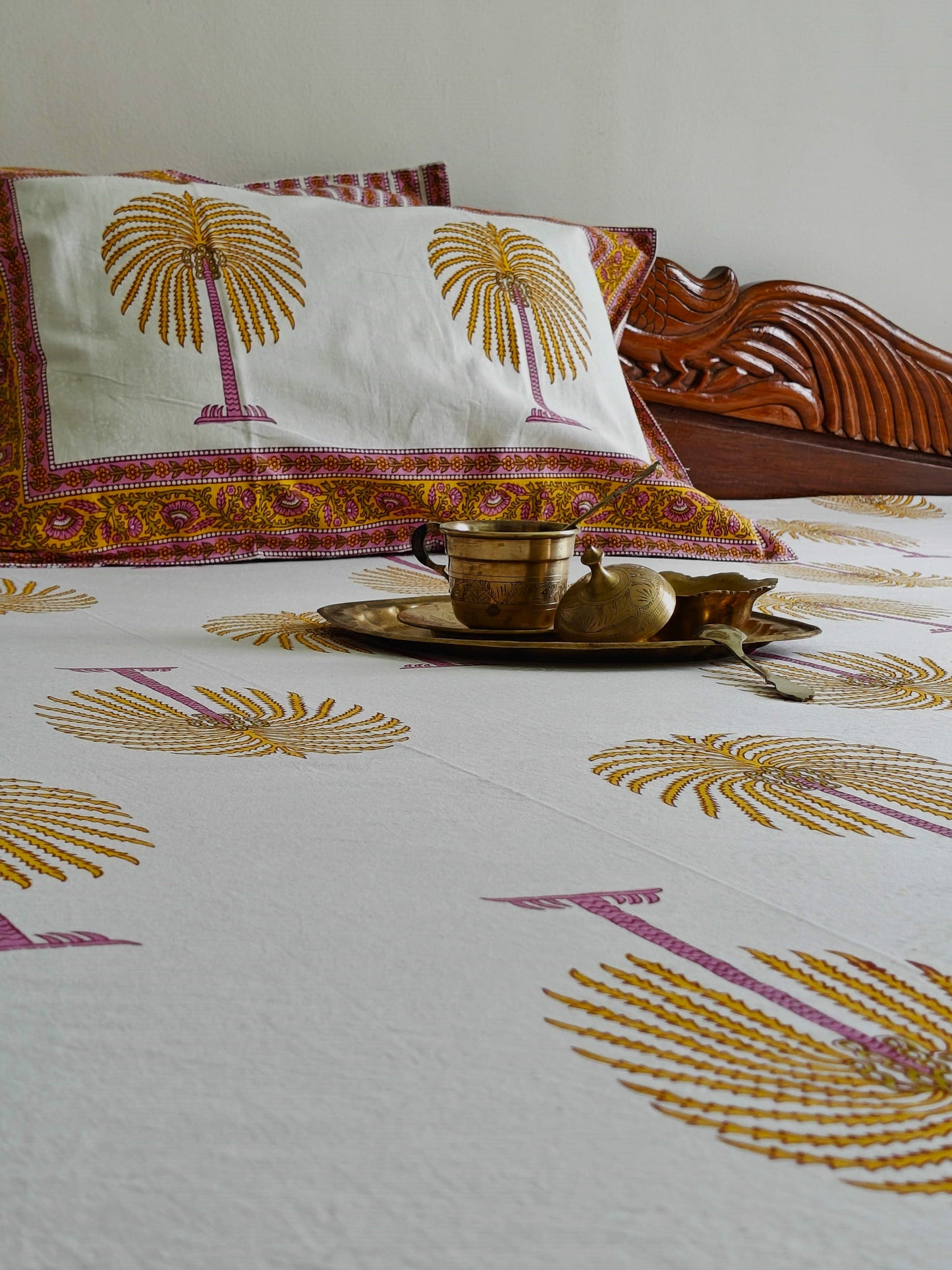 ArtbyKAMASK 100% Organic Cotton Hand Block Printed Double Bed Sheet - 210 TC Double Bed Sheet in Queen Size - Size - 90 X 108 Inches (228 x 274 cms) - 1 Bedsheet and 2 Pillow Covers - Kamala Yellow + 2 Variants