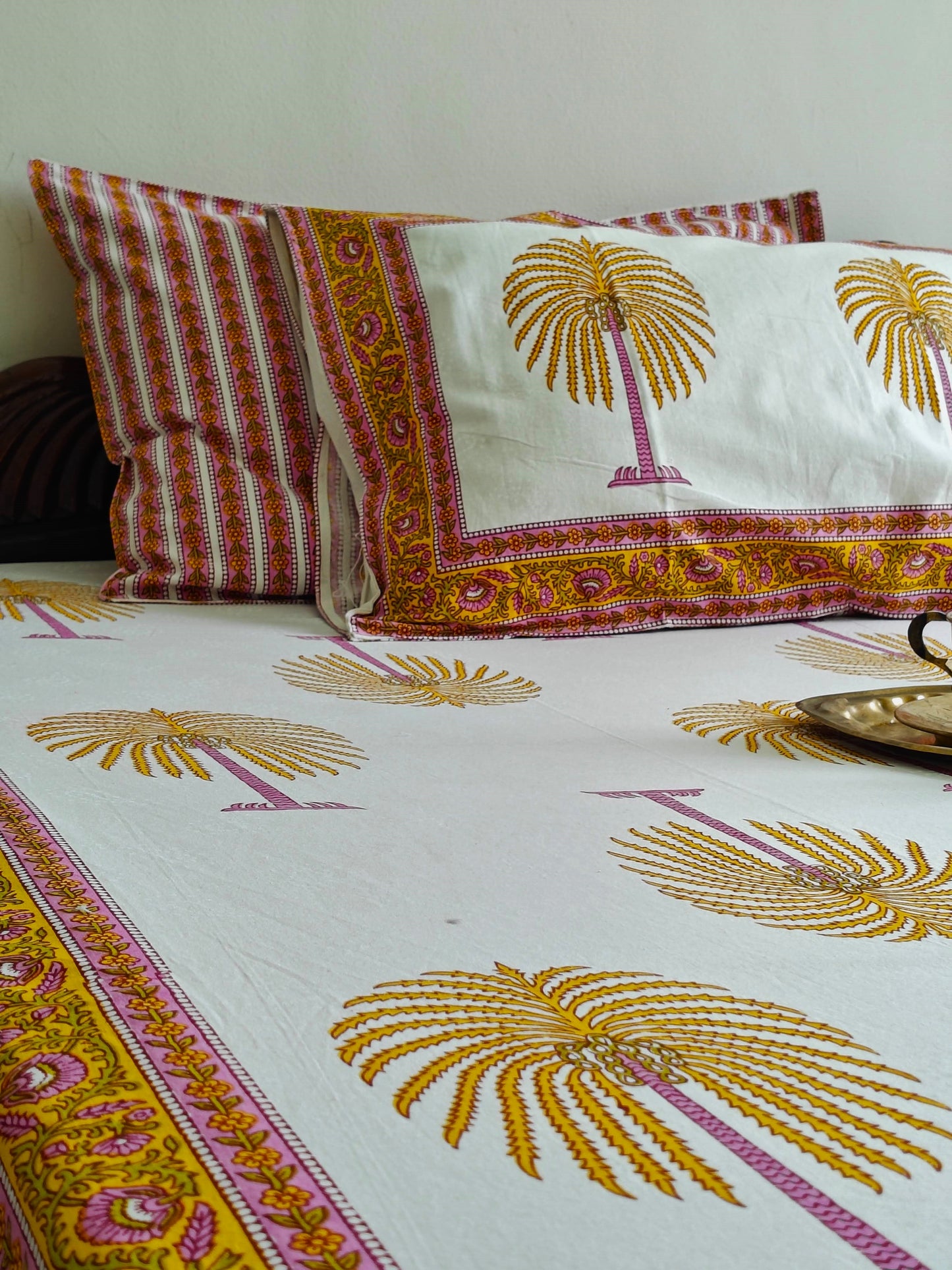 ArtbyKAMASK 100% Organic Cotton Hand Block Printed Double Bed Sheet - 210 TC Double Bed Sheet in Queen Size - Size - 90 X 108 Inches (228 x 274 cms) - 1 Bedsheet and 2 Pillow Covers - Kamala Yellow + 2 Variants