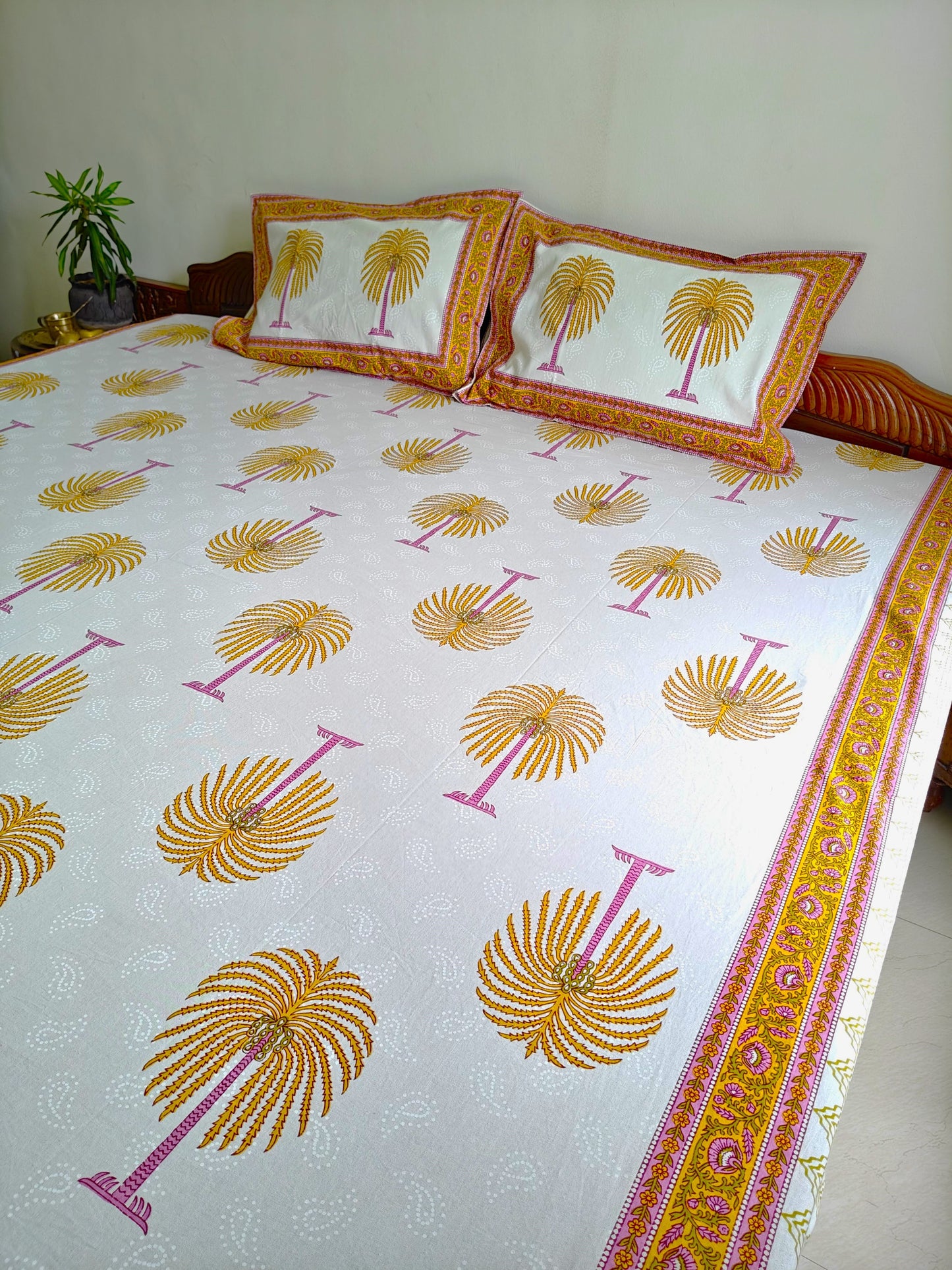 ArtbyKAMASK 100% Organic Cotton Hand Block Printed Double Bed Sheet - 210 TC Double Bed Sheet in Queen Size - Size - 90 X 108 Inches (228 x 274 cms) - 1 Bedsheet and 2 Pillow Covers - Kamala Yellow + 2 Variants