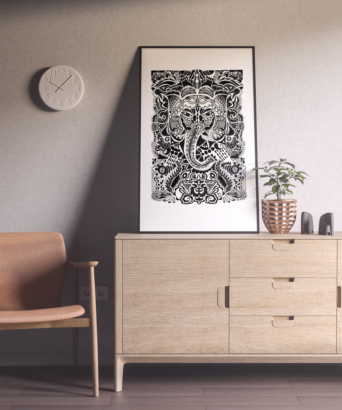 ArtbyKAMASK Originals Artwork Home Decor I A4 Size Frame with Acrylic Face I 9 x 12 Inches (29.7 x 21 cms) I Ganpati Abstract Artwork I The Immersed Ganesha Abstract Grid - In Pen & Ink
