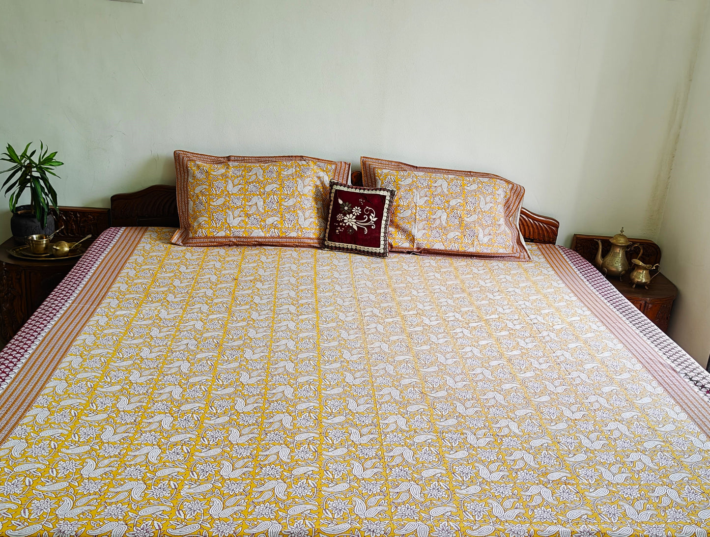ArtbyKAMASK 100% Organic Cotton Hand Block Printed Double Bed Sheet - 210 TC Double Bed Sheet in Queen Size - Size - 90 X 108 Inches (228 x 274 cms) - 1 Bedsheet and 2 Pillow Covers - Tanvi Yellow and 2 Variants
